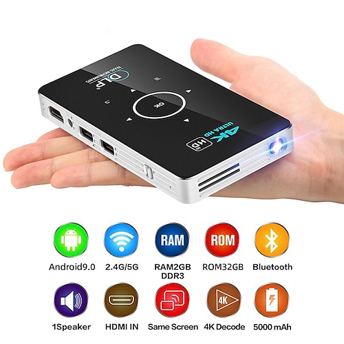 

C6 Smart DLP Mini Projector Android 4K LED 1080P WiFi Bluetooth Pocket Projector HD Home Theater Movie Family Cinema Support HDMI USB TF Card Audio incluidng Tripod Stand