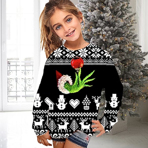 

Grinch Kids Girls' Ugly Christmas T shirt Cartoon Christmas Gifts 3D Printing Long Sleeve Crewneck Active 7-13 Years Winter Black / Cute / Fall