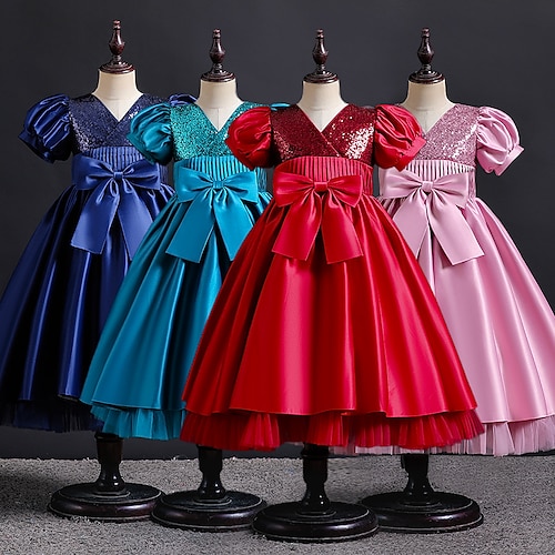 

Infantil Para Meninas Vestido Cor Sólida Vestido A Line Altura dos Joelhos Vestido Espetáculo Laço Manga Curta Princesa Vestido 4-13 anos Inverno Verde Rosa Azul Real