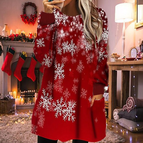 

robe sweat de noël pour femmes robe d'hiver mini robe noir vin blanc à manches longues plaid flocon de neige poche impression hiver automne ras du cou décontracté coupe ample 2022 s m l xl xxl 3xl