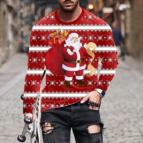 

Men's T shirt Tee Santa Claus Graphic Prints Crew Neck Red 3D Print World Cup Outdoor Christmas Long Sleeve Print Clothing Apparel Basic Sports Designer Casual