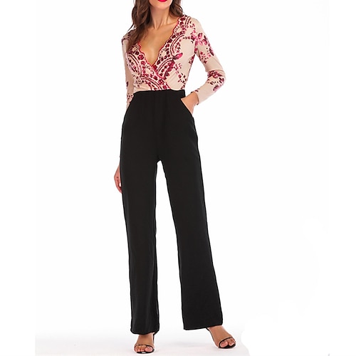 

Women's Jumpsuit Patchwork High Waist Color Block V Neck Formal Party Street Regular Fit Long Sleeve Red S M L Winter
