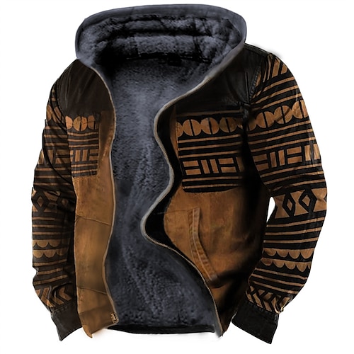 

Men's Fleece Jacket Full Zip Hoodie Fleece Hoodie Sherpa Jacket Brown Hooded Tribal Graphic Prints Zipper Print Sports & Outdoor Daily Sports 3D Print Fleece Streetwear Designer Casual Winter