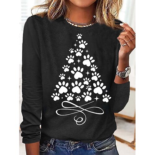 

Women's T shirt Tee Black Blue Red Christmas Tree Print Long Sleeve Christmas Weekend Basic Christmas Round Neck Regular Floral Painting S