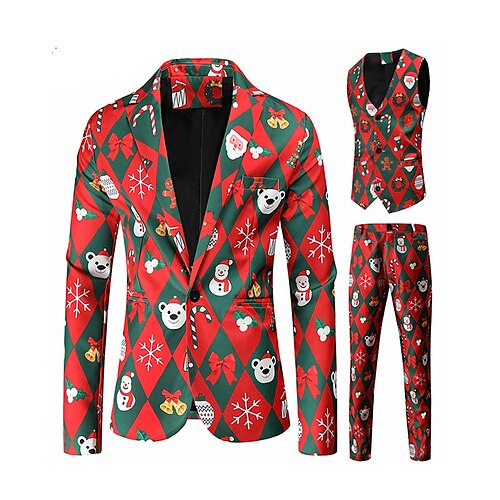 

Burgundy Men's Christmas Suits 3 Piece Patterned Standard Fit Single Breasted One-button 2022