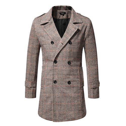 

Men's Casual Overcoat Regular Standard Fit Checkered Double Breasted Six-buttons Light Grey Dark Grey Coffee 2022