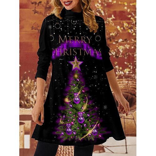 

Women's Shirt Black Christmas Tree Print Long Sleeve Christmas Casual Basic High Neck Long S