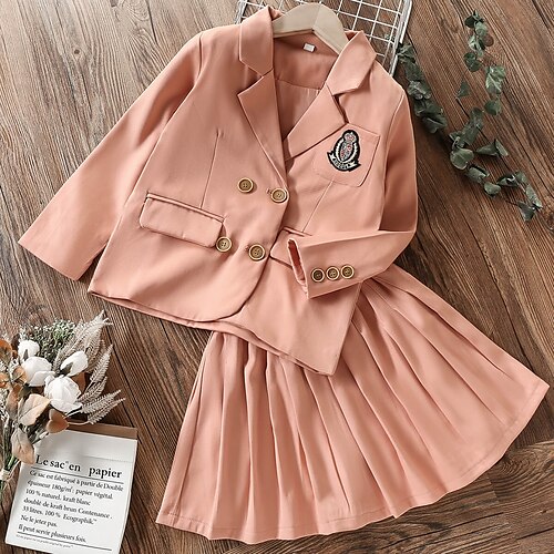 

Kids Girls' Dress Suits 2 Pieces Long Sleeve Pink Solid Color Ruched Pleated School Cute Daily Tunic Knee-length 7-13 Years