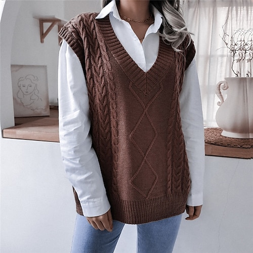 

Mujer Chaleco suéter Puente Cable Tejer De Punto Color puro Escote en Pico Elegante Casual Exterior Diario Invierno Otoño Beige Café S M L / Sin Mangas