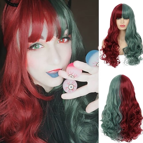 

Dai Cloud Half Red Half Green Wig with Bangs for Women Long Wavy Red Wig Heat Resistant Synthetic Wig for Halloween Cosplay Party Daily Use ChristmasPartyWigs