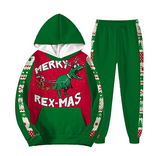 

2 Pieces Kids Boys Ugly Christmas Hoodie & Pants Outfit Animal Letter Dinosaur Long Sleeve Set Casual Fashion Cool Winter Fall 7-13 Years Green