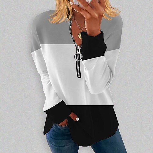 

Women's Sweatshirt Pullover Basic Zipper Green Blue Purple Color Block Street V Neck Long Sleeve S M L XL 2XL 3XL