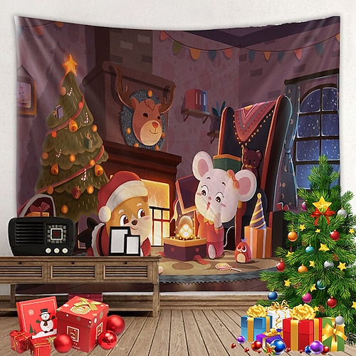 

Christmas Tree Wall Tapestry Photography Background Art Decor Gift Snowman Santa Claus Reindeer Blanket Hanging Home Bedroom Living Room Decoration Polyester