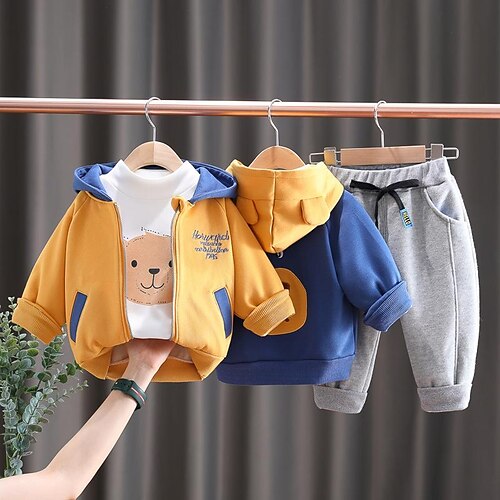 

3 Pieces Toddler Boys Tracksuits Outfit Cartoon Letter Bear Long Sleeve Cotton Set Daily Wear Cool Daily Winter Fall 3-7 Years Blue Yellow