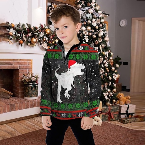 

Kids Boys Ugly Christmas Sweatshirt Pullover Animal Dinosaur Long Sleeve Button Children Top Casual Sweatshirt Pullover Cool Adorable Green Light gray Gray Winter 7-13 Years