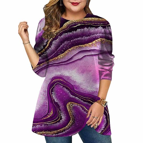 

Women's Plus Size Tops T shirt Tee Color Gradient Print Long Sleeve Crewneck Casual Daily Holiday Cotton Spandex Jersey Fall Winter Blue Purple