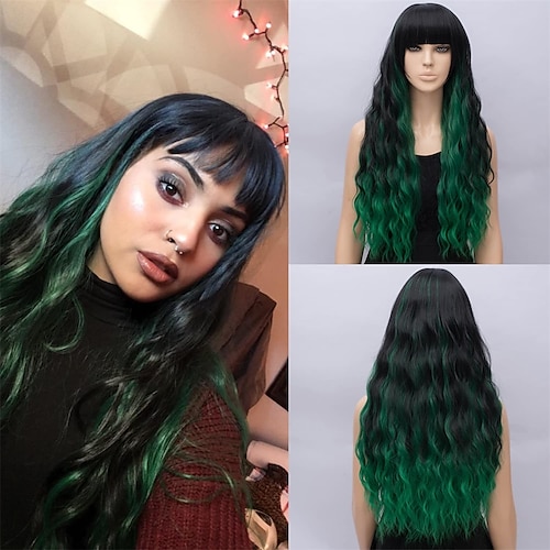 

Women's Green Mixed Black Wig Long Fluffy Curly Wavy Hair Wigs for Girl Synthetic Party Wigs ChristmasPartyWigs