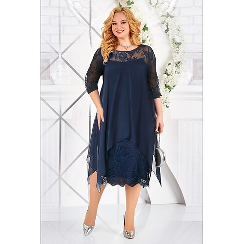 

kvinders plus size festkjole ensfarvet rund hals blonder 3/4 længde ærmer forår efterår vintage arbejde gallakjole knælang kjole fest feriekjole / blondekjole / hjemkomstkjole