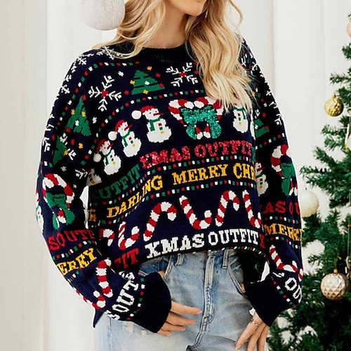 

Women's Ugly Sweater Christmas Jumper Ribbed Knit Knitted Letter Crew Neck Stylish Casual Holiday Winter Fall Navy Blue S M L / Long Sleeve / Regular Fit