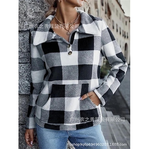 

Women's Sweatshirt Pullover Active Streetwear Button Front Pocket Gray Plaid Street V Neck Long Sleeve S M L XL 2XL