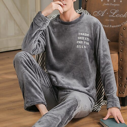 

Herre Pyjamas Loungewear Sæt Bogstaver Stribe Basale Mode Komfort Hjem Koral Fleece Koral Fløjl Varm bluse Langærmet Bukse Elastisk Talje Vinter Efterår Blå Mørkegrå / Plysset