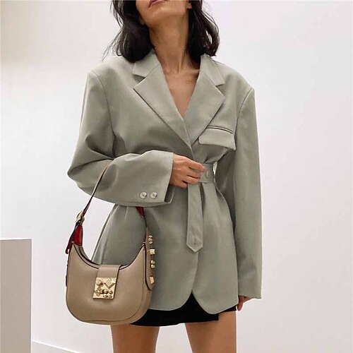 

Women's Blazer Warm Breathable Outdoor Office Work Lace up Pocket Open Front Turndown OL Style Elegant Modern Solid Color Regular Fit Outerwear Long Sleeve Winter Fall Green S M L