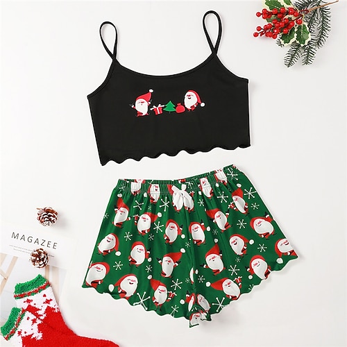 

Women's ChristmasPjs Pajamas Sets 2 Pieces Santa Claus Fashion Comfort Soft Home Carnival Gift Straps Sleeveless Strap Top Shorts Spring Summer Green