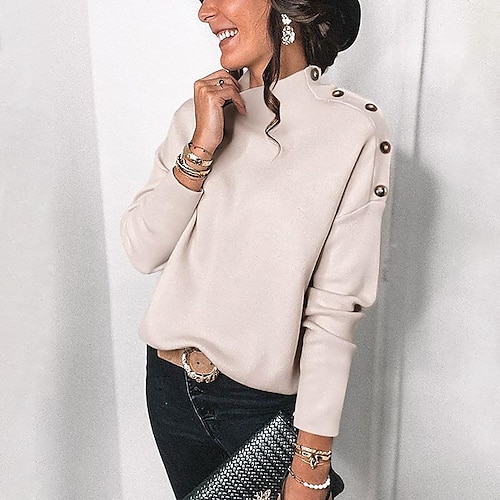 

Women's Blouse Shirt Green khaki Coffee Plain Button Long Sleeve Work Streetwear High Neck Regular S