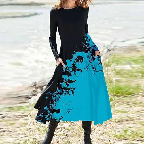 

Women's Casual Dress Swing Dress Midi Dress Blue Long Sleeve Floral Pocket Winter Fall Autumn Winter Dress Fall Dress 2022 S M L XL XXL 3XL