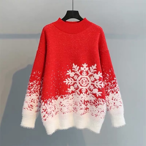 

Women's Ugly Christmas Sweater Pullover Sweater Jumper Ribbed Knit Knitted Snowflake Crew Neck Stylish Casual Christmas Holiday Winter Fall Blue Pink One-Size