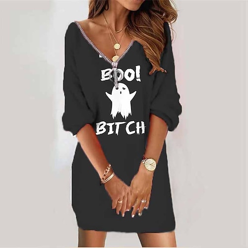

Women's Sweatshirt Dress Winter Dress Black White Long Sleeve Letter Zipper Print Winter Fall V Neck Vacation Casual Fall Dress Loose Fit 2022 S M L XL XXL 3XL / Halloween