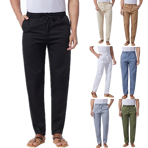 

Men's Trousers Casual Pants Pocket Drawstring Elastic Waist Solid Color Breathable Soft Daily Holiday Going out Linen Chic & Modern Casual Army Green Khaki Micro-elastic