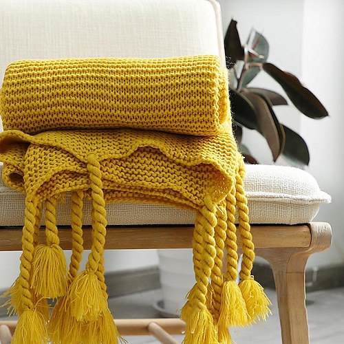 

Knitted Throw Blankets Chunky Farmhouse Knit Blanket with Tassel Lightweight Soft Cozy Boho Blanket for Couch Sofa Chair Bed Home Decoration for Winter Fall