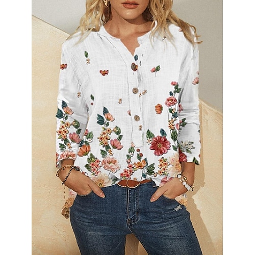 

Women's Shirt Blouse Red Floral Button Print Long Sleeve Casual Holiday Basic V Neck Regular Floral S