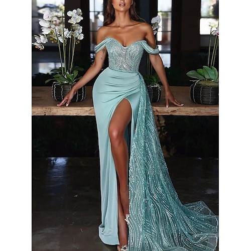 

Mermaid / Trumpet Evening Gown Sexy Dress Formal Court Train Sleeveless Off Shoulder Charmeuse with Ruched Sequin Slit 2022