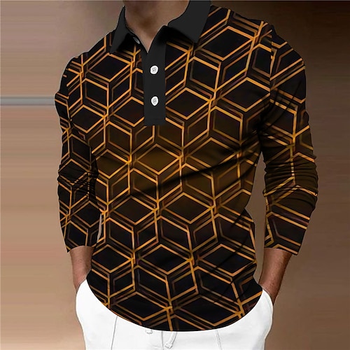 

Men's Collar Polo Shirt Golf Shirt Optical Illusion Geometry Turndown Yellow 3D Print Outdoor Street Long Sleeve Button-Down Print Clothing Apparel Fashion Designer Casual Breathable