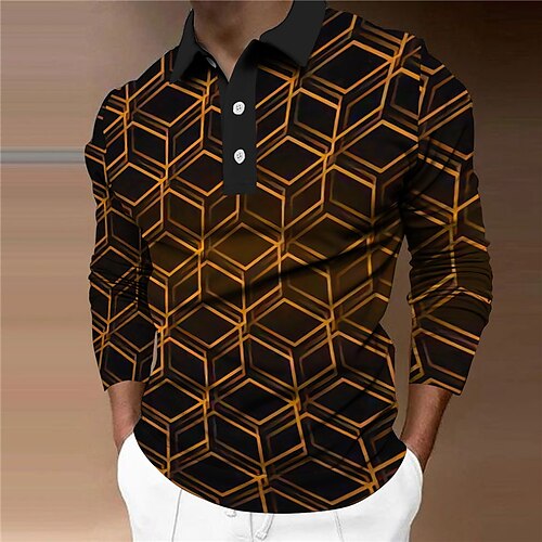 

Men's Collar Polo Shirt Golf Shirt Optical Illusion Geometry Turndown Yellow 3D Print Outdoor Street Long Sleeve Button-Down Print Clothing Apparel Fashion Designer Casual Breathable