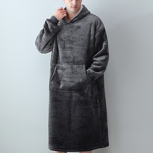 

Men's Pajamas Nightgown Wearable Blanket Hoodie Blanket Pure Color Fashion Simple Plush Home Polyester Warm Breathable Hoodie Long Robe Pocket Hoodie Winter Wine Light gray / Flannel