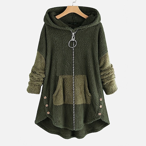 

Women's Plus Size Teddy Coat Winter Coat Button Pocket Plain Causal Holiday Long Sleeve Hooded Regular Winter Fall Green Black L XL XXL 3XL 4XL