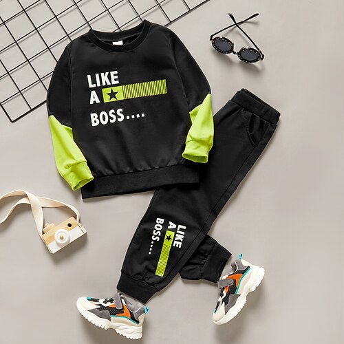 

Kids Toddler Boys Hoodie Pants Clothing Set 2 Pieces Long Sleeve Black Letter Patchwork Print Sports Cool Regular Asymmetrical 2-6 Years