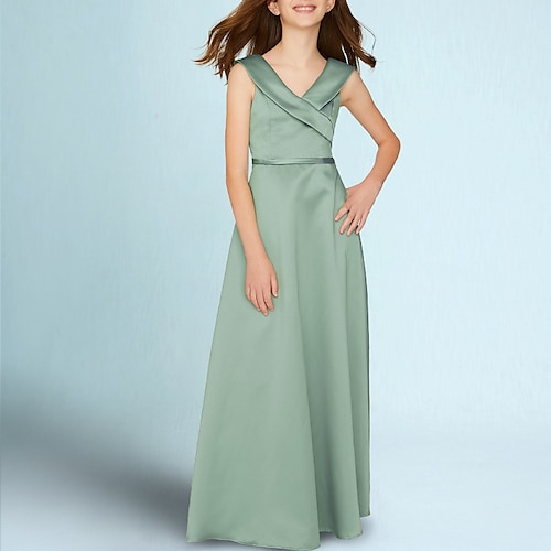 

A-Line Floor Length V Neck Satin Junior Bridesmaid Dresses&Gowns With Sash / Ribbon Wedding Party Dresses 4-16 Year