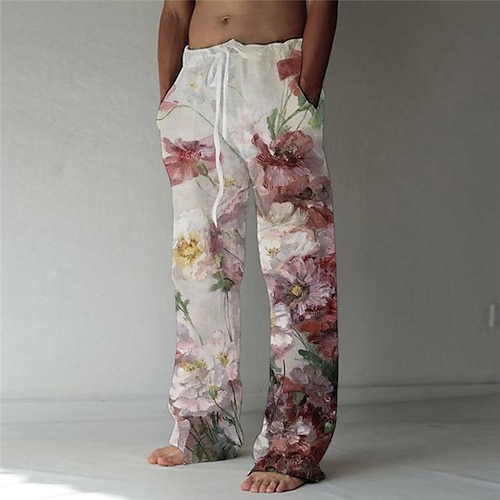 

Men's Trousers Beach Pants Drawstring Elastic Waist 3D Print Graphic Prints Flower / Floral Comfort Breathable Casual Daily Holiday Streetwear Classic Style Pink / Designer