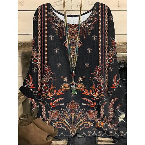 

Women's Plus Size Tops Blouse Shirt Floral Print Long Sleeve Crewneck Casual Daily Vacation Polyester Fall Winter Black