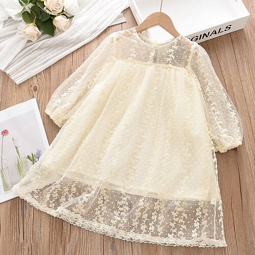 

Kids Girls' Dress Floral Tulle Dress Knee-length Dress Lace Long Sleeve Fashion Dress 3-7 Years Fall Beige / Ruched / Polka Dot / Spring