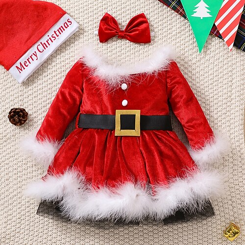 

Kids Girls' 2pcs Christmas Dress A Line Dress Performance Party Crewneck Red Long Sleeve Fashion Cute Dresses Christmas Winter Fall Regular Fit 3-7 Years
