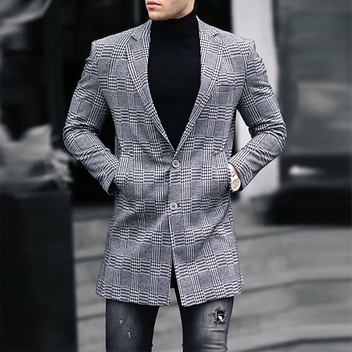 

Men's Fashion Casual Overcoat Long Tailored Fit Checkered Single Breasted Two-buttons Grey 2022 / Winter