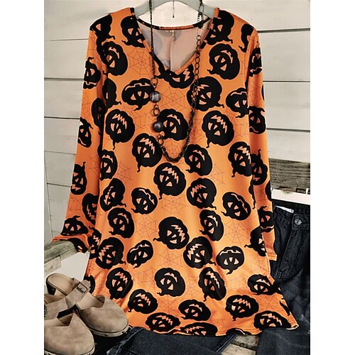 

Women's Plus Size Tops Blouse Shirt Pumpkin Print Long Sleeve Crewneck Casual Halloween Halloween Daily Polyester Fall Winter Yellow