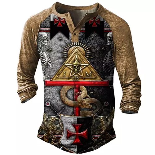 

Men's Henley Shirt T shirt Tee Tee Graphic Color Block Skull Templar Cross Henley Brown 3D Print Outdoor Daily Long Sleeve Patchwork Button-Down Clothing Apparel Basic Designer Casual Classic