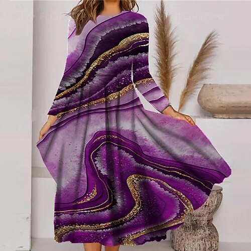 

Women's Casual Dress Swing Dress Midi Dress Green Blue Purple Navy Blue Black Long Sleeve Color Gradient Pocket Print Winter Fall Vacation Casual Fall Dress 2022 S M L XL XXL 3XL / Winter Dress