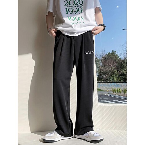 

Men's Trousers Casual Pants Elastic Waist Wide Leg Straight Leg Letter Full Length Casual Streetwear Fashion Loose Loose Fit Black / Summer / Elasticity